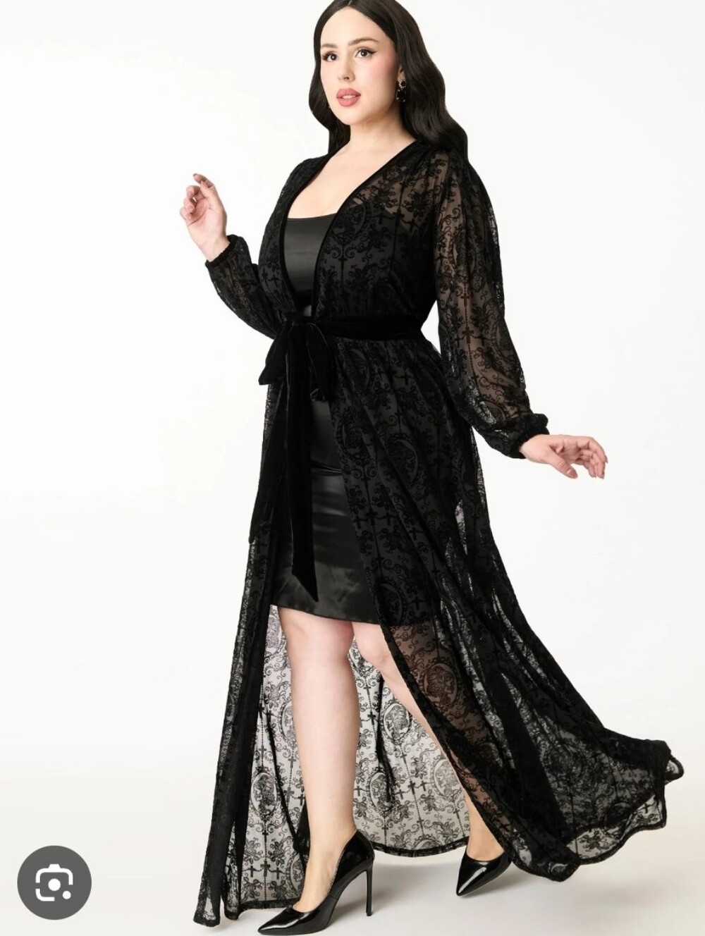 NWT Unique Vintage Black Lace Maxi Jacket Duster Cardigan with Tie Waist